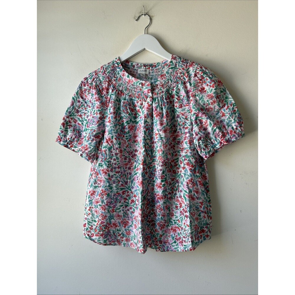 J. Crew Factory Floral Top Pink Green Multi Sz Small Linen Blend Cotton Beachy